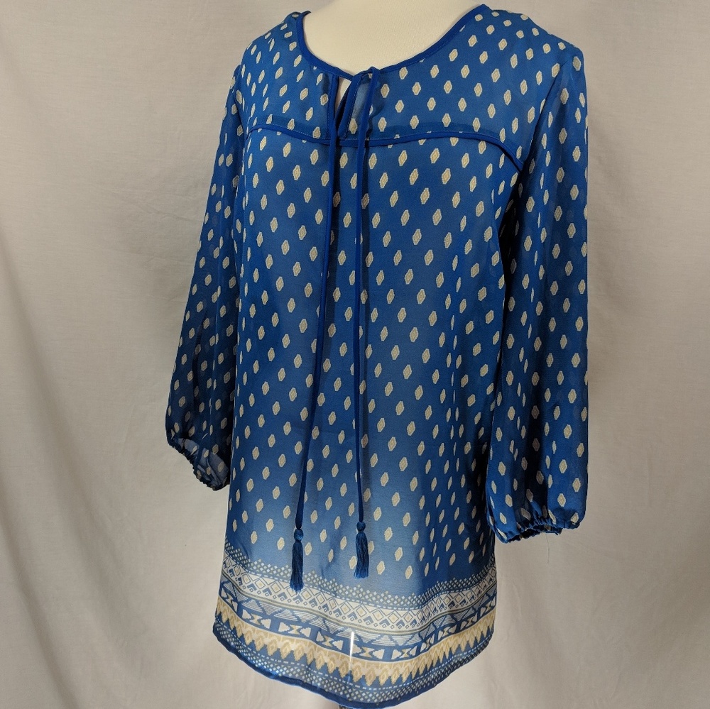 Truth NYC Blue/Gold Sheer Chiffon Peasant Blouse